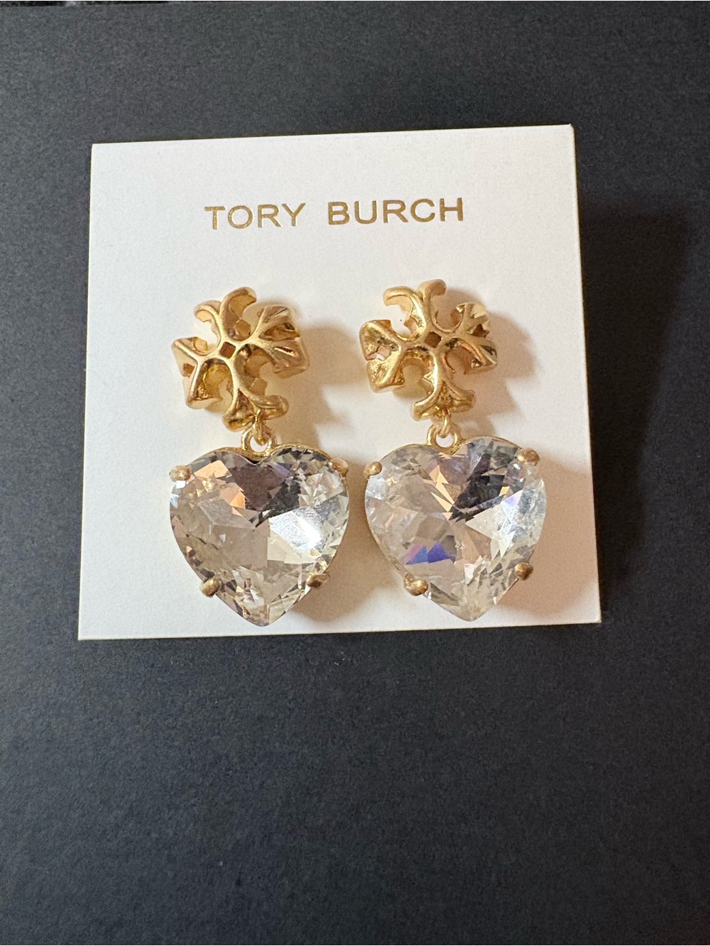 Tory Burch Gold Heart Crystal Drop Earrings - Clear Crystal